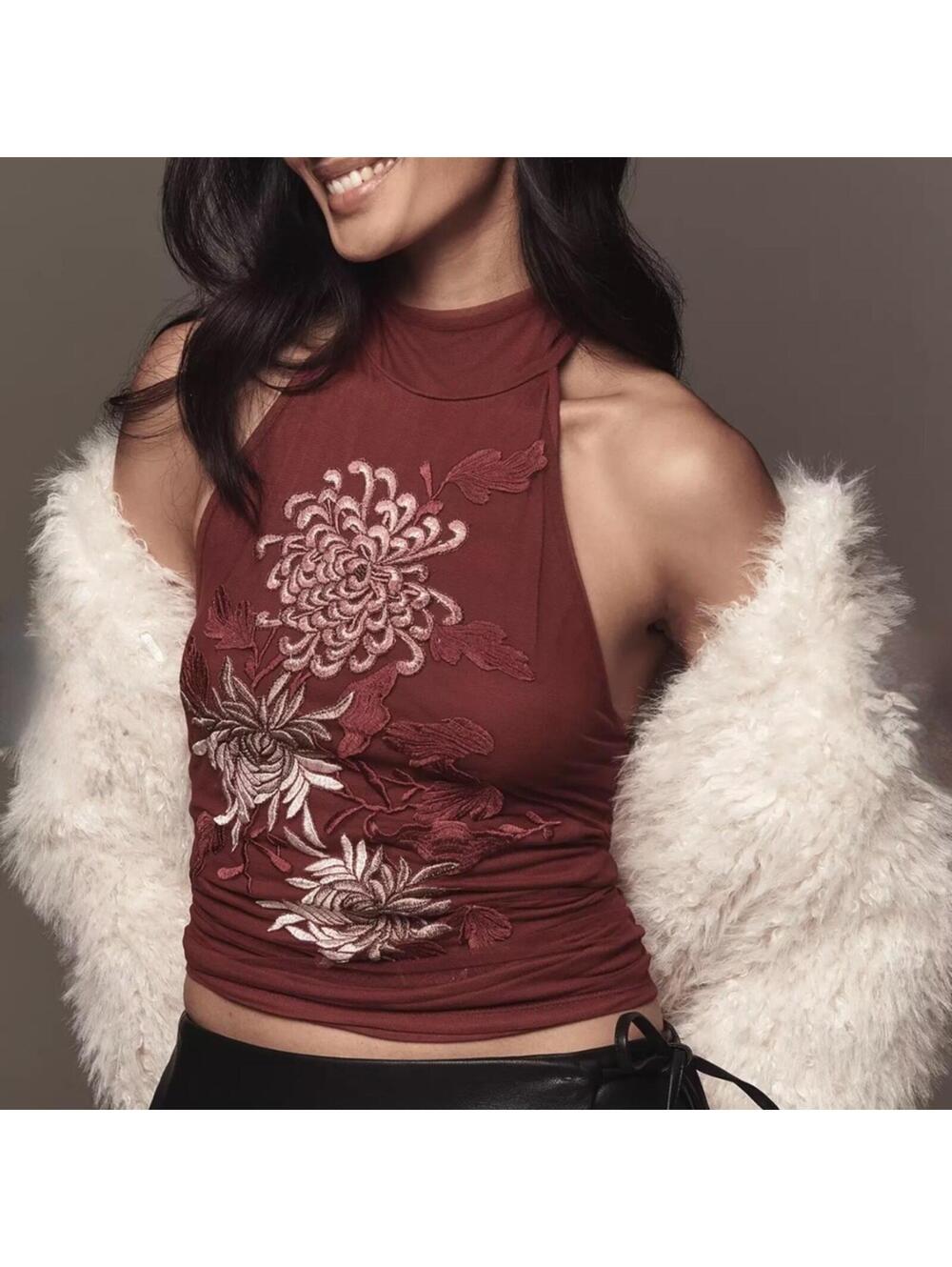 By Anthropologie Backless Embroidered Mock-Neck Tank